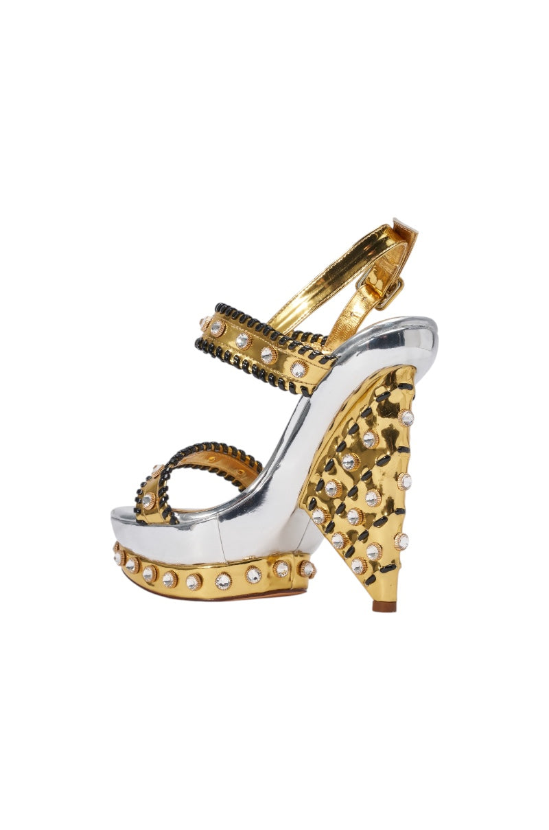 AKIRA GOLD KARINA GOLD METALLIC EMBELLISHED BLOCK HEEL SANDAL