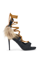 AKIRA GOLD KARLA OLIVE FAUX SUEDE FUR EMBELLISHED STILETTO