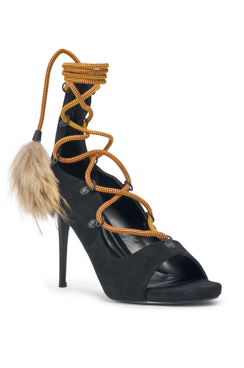 AKIRA GOLD KARLA OLIVE FAUX SUEDE FUR EMBELLISHED STILETTO