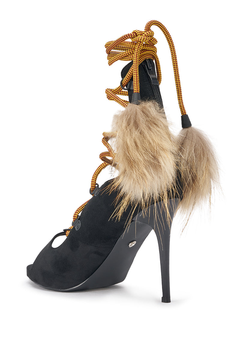AKIRA GOLD KARLA OLIVE FAUX SUEDE FUR EMBELLISHED STILETTO