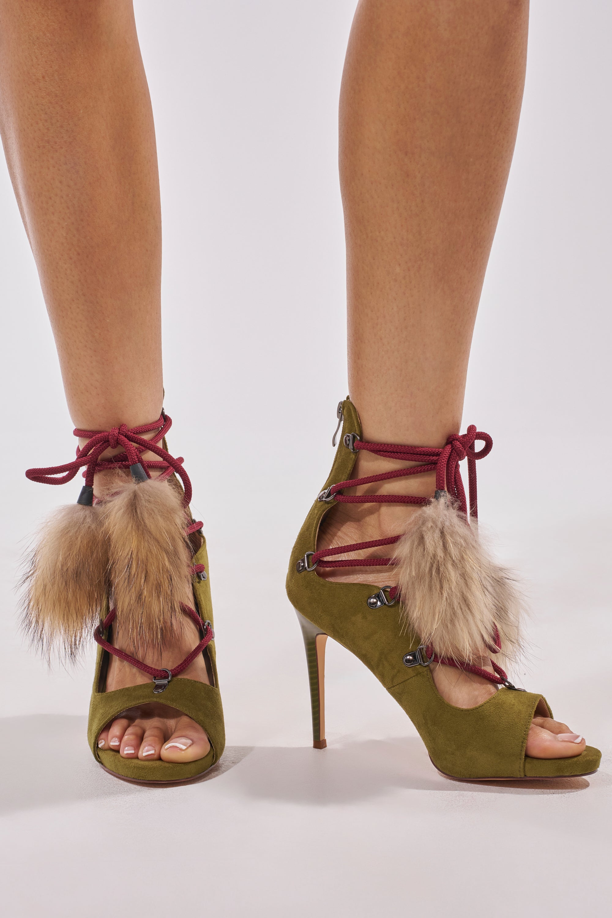 AZALEA WANG KARLA OLIVE FAUX SUEDE FUR EMBELLISHED STILETTO SANDAL