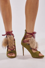 AZALEA WANG KARLA OLIVE FAUX SUEDE FUR EMBELLISHED STILETTO SANDAL