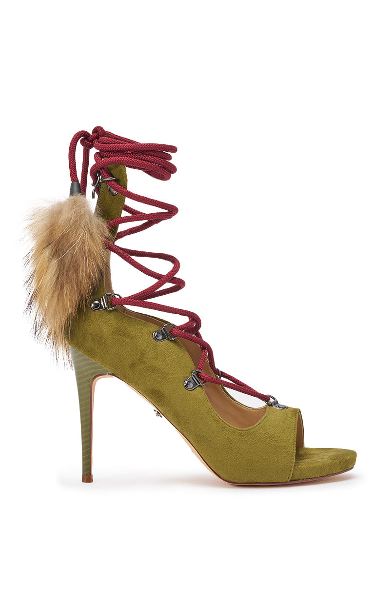 AZALEA WANG KARLA OLIVE FAUX SUEDE FUR EMBELLISHED STILETTO SANDAL