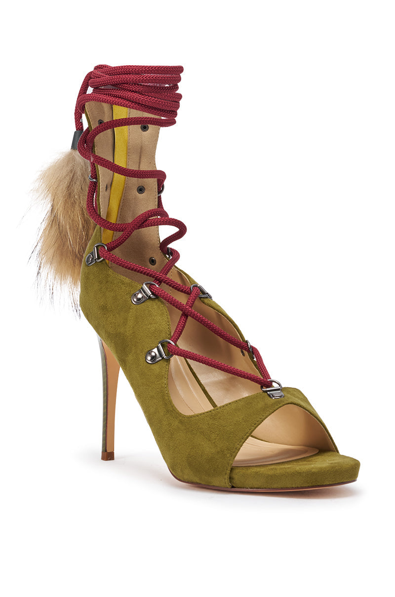 AZALEA WANG KARLA OLIVE FAUX SUEDE FUR EMBELLISHED STILETTO SANDAL