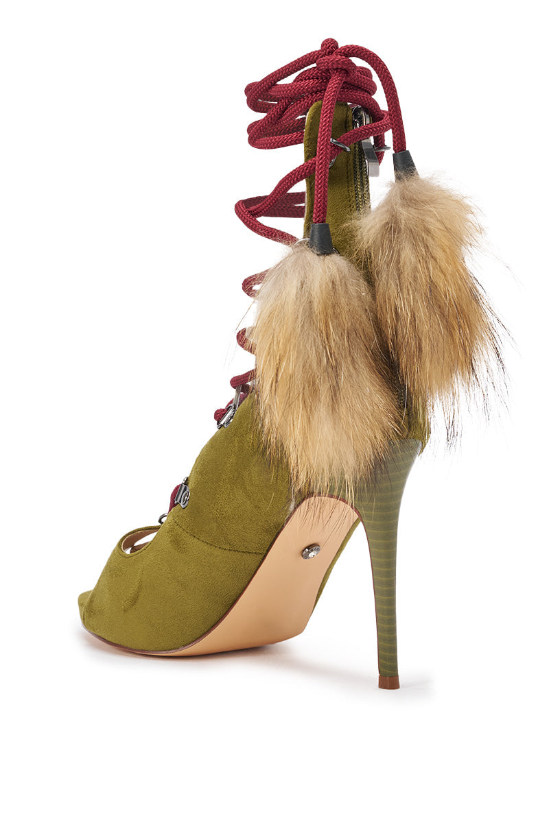 AZALEA WANG KARLA OLIVE FAUX SUEDE FUR EMBELLISHED STILETTO SANDAL