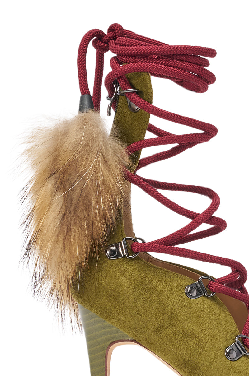 AZALEA WANG KARLA OLIVE FAUX SUEDE FUR EMBELLISHED STILETTO SANDAL
