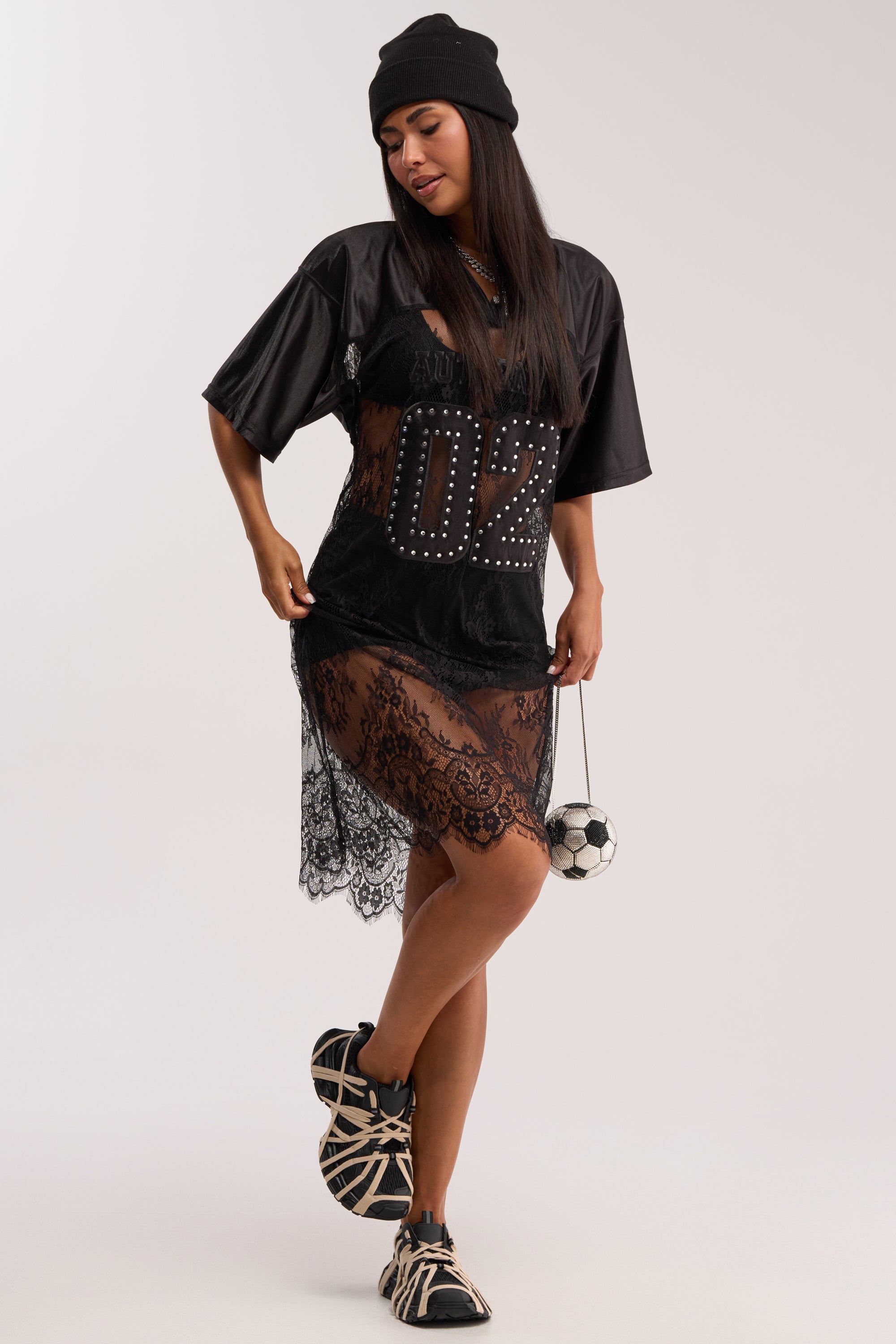 PART TIME PLAYER LACE JERSEY MIDI DRESS IN BLACK