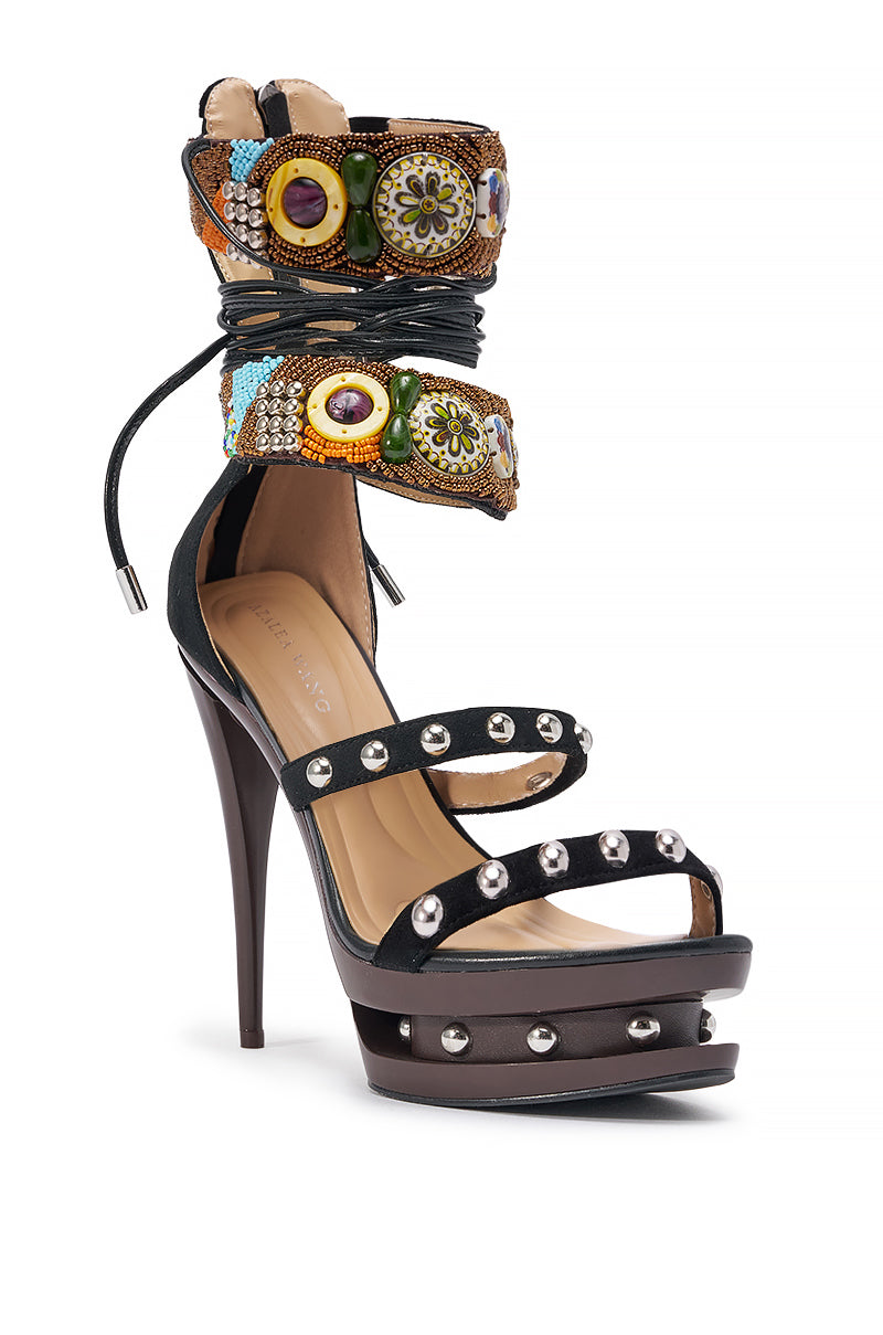 AZALEA WANG KISMETRA BLACK BEAD EMBELLISHED PLATFORM STILETTO SANDAL