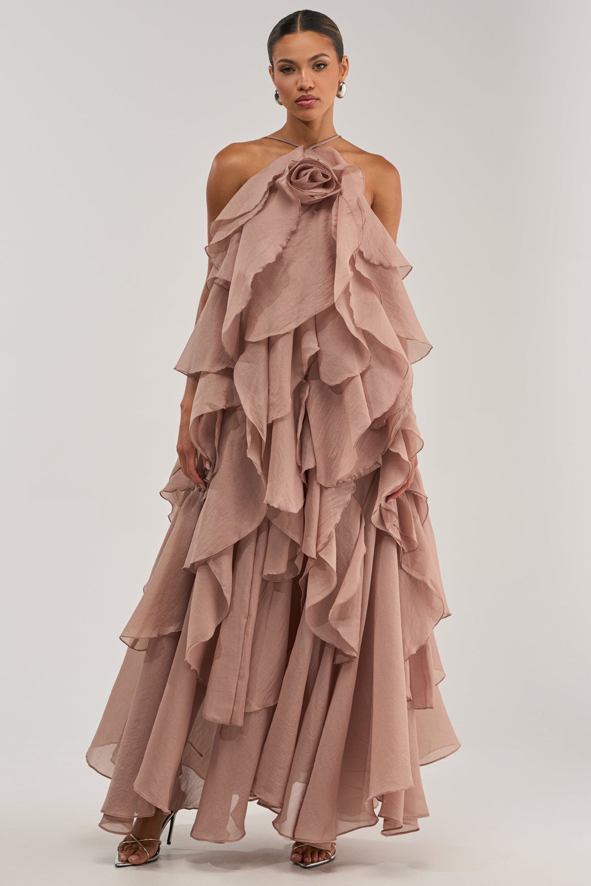 GOLDEN HOUR FLORAL CHIFFON MAXI DRESS IN MAUVE