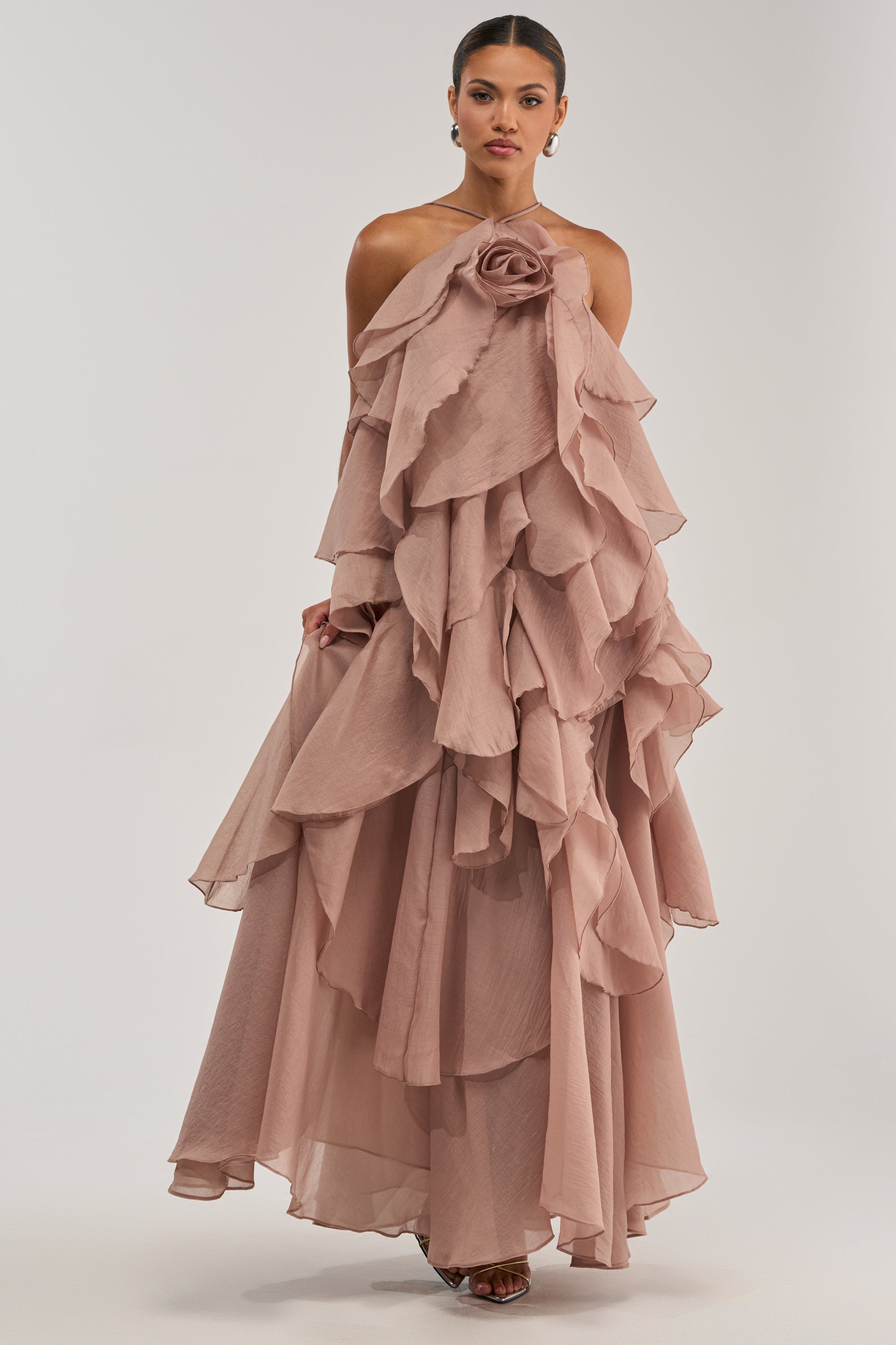 GOLDEN HOUR FLORAL CHIFFON MAXI DRESS IN MAUVE