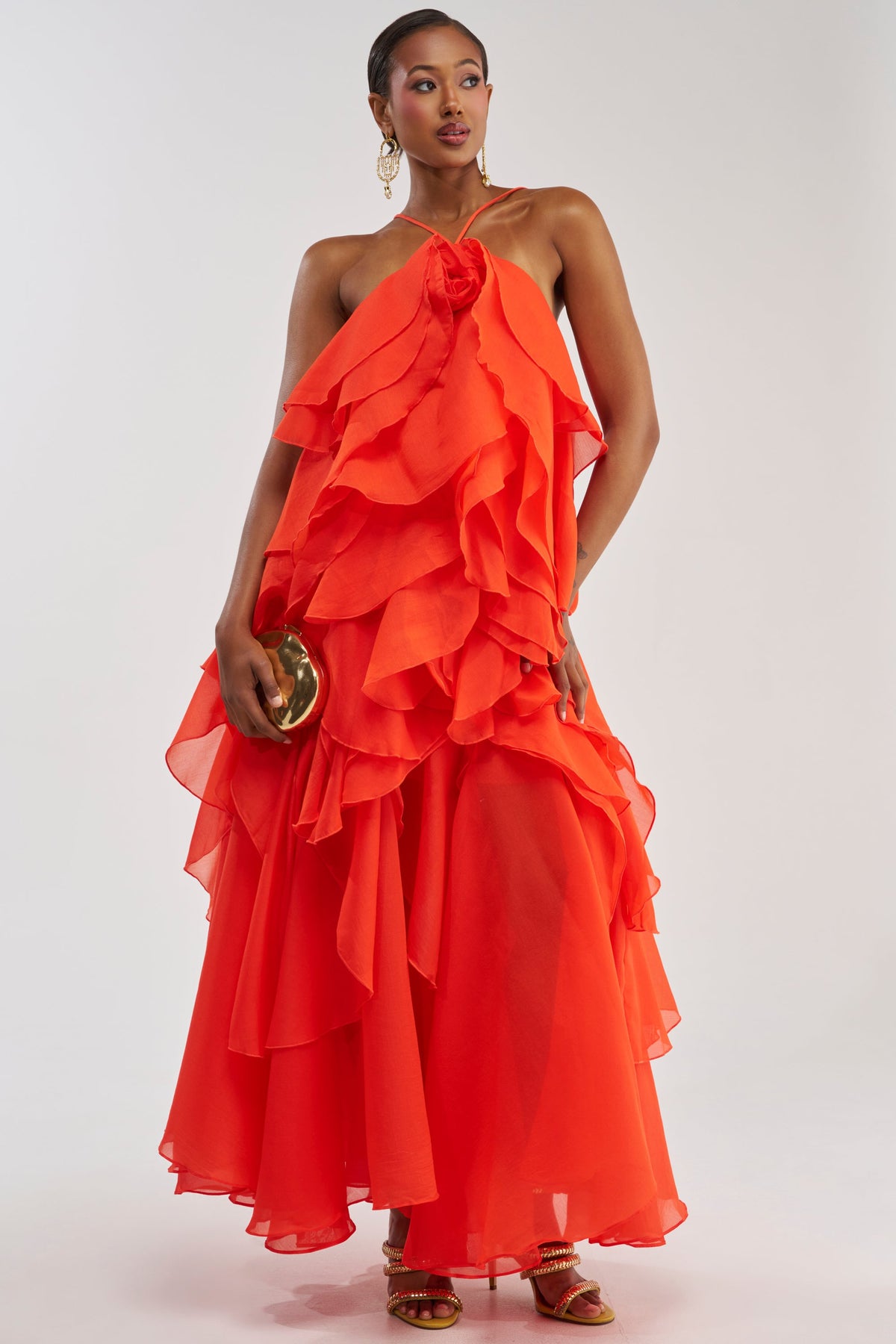 GOLDEN HOUR FLORAL CHIFFON MAXI DRESS IN ORANGE