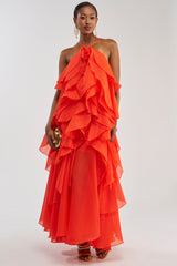 GOLDEN HOUR FLORAL CHIFFON MAXI DRESS IN ORANGE