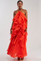 GOLDEN HOUR FLORAL CHIFFON MAXI DRESS IN ORANGE