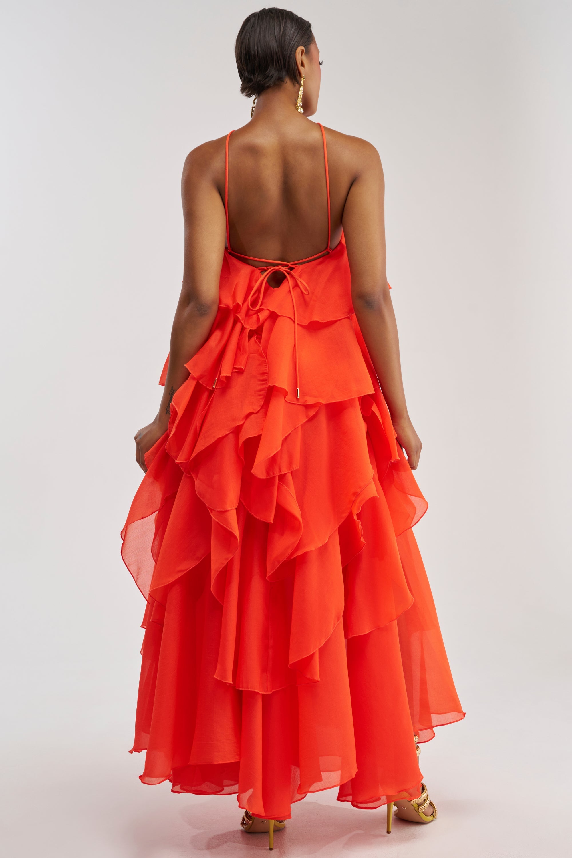 GOLDEN HOUR FLORAL CHIFFON MAXI DRESS IN ORANGE