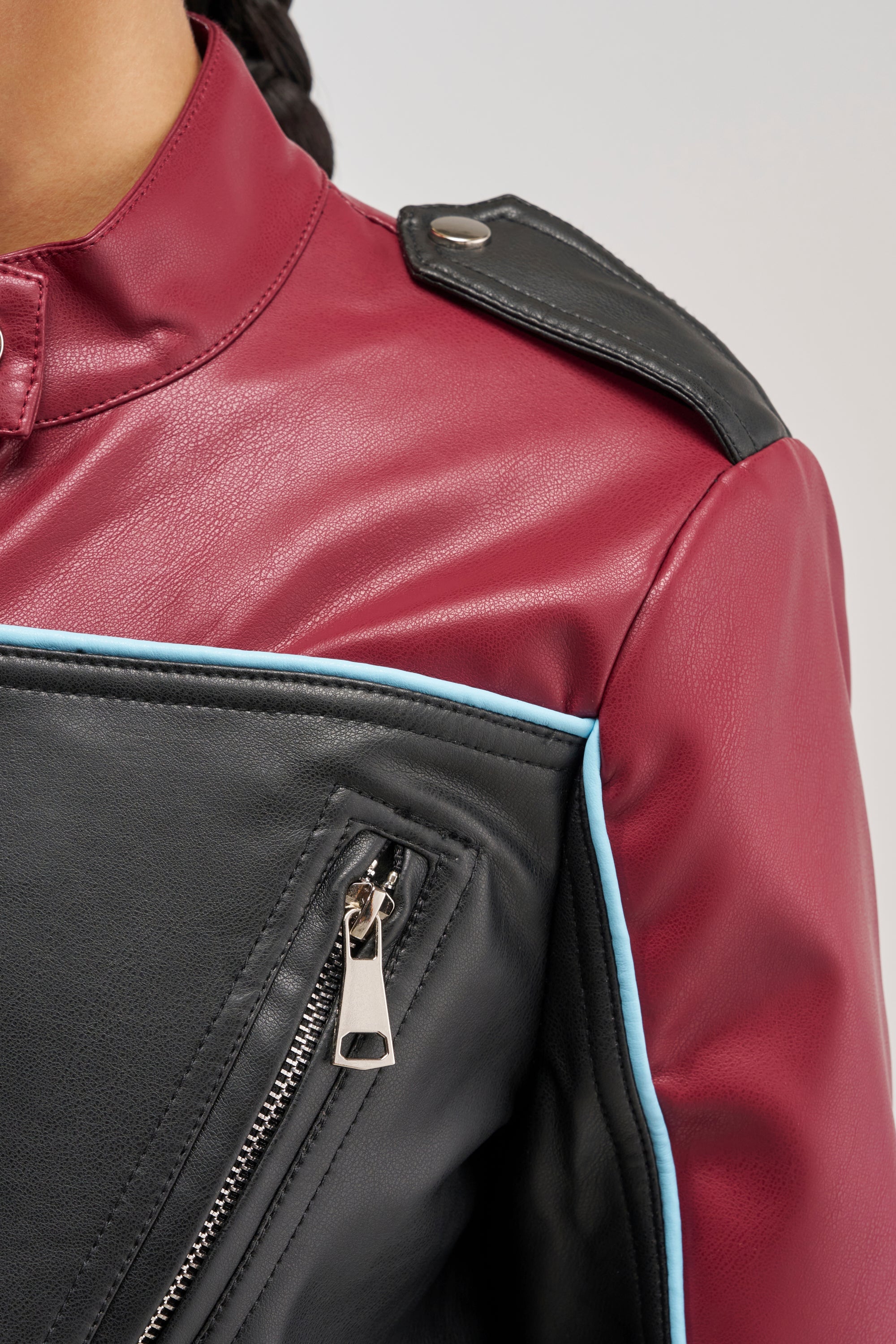 BETTER LUCK CROPPED MOTO IN BURGUNDY