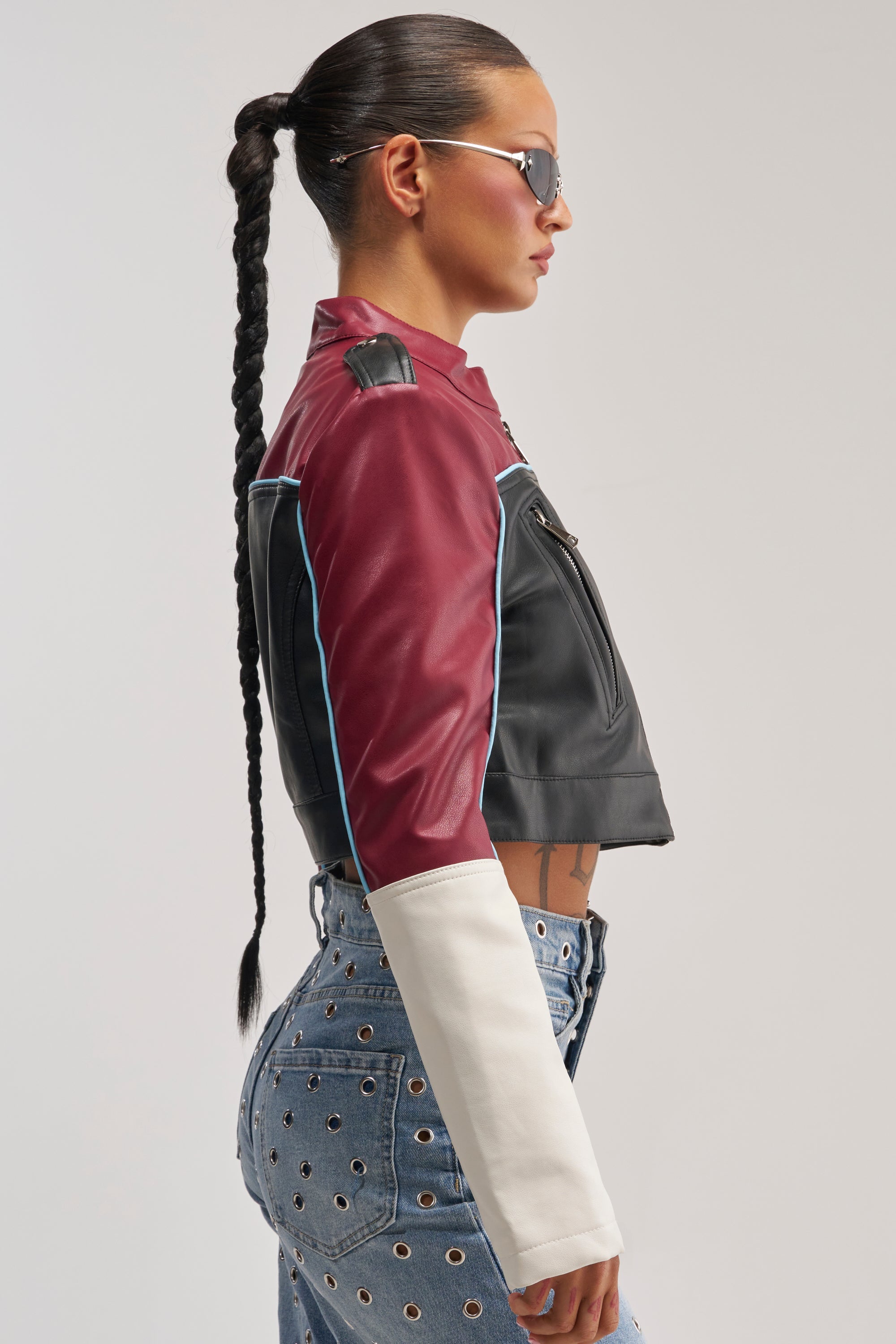 BETTER LUCK CROPPED MOTO IN BURGUNDY