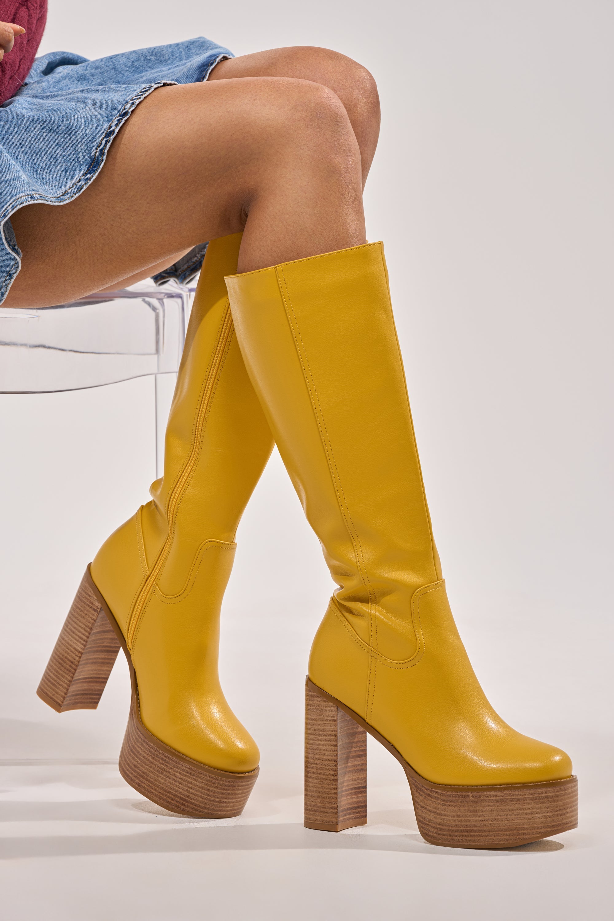 AZALEA WANG LANDRY YELLOW PU WOOD STACK PLATFORM BOOT