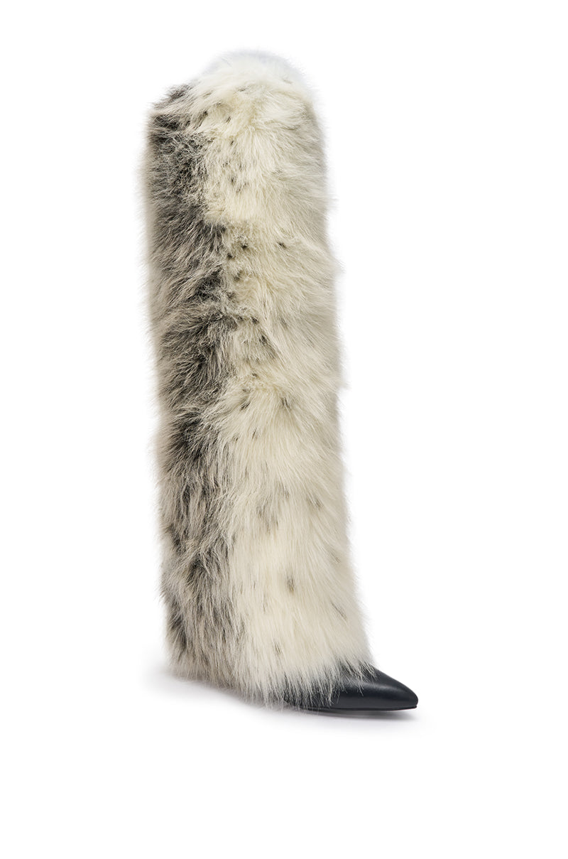 AZALEA WANG LANGLEYE CREAM MULTI SNOW LEOPARD THIGH HIGH FUR BOOT