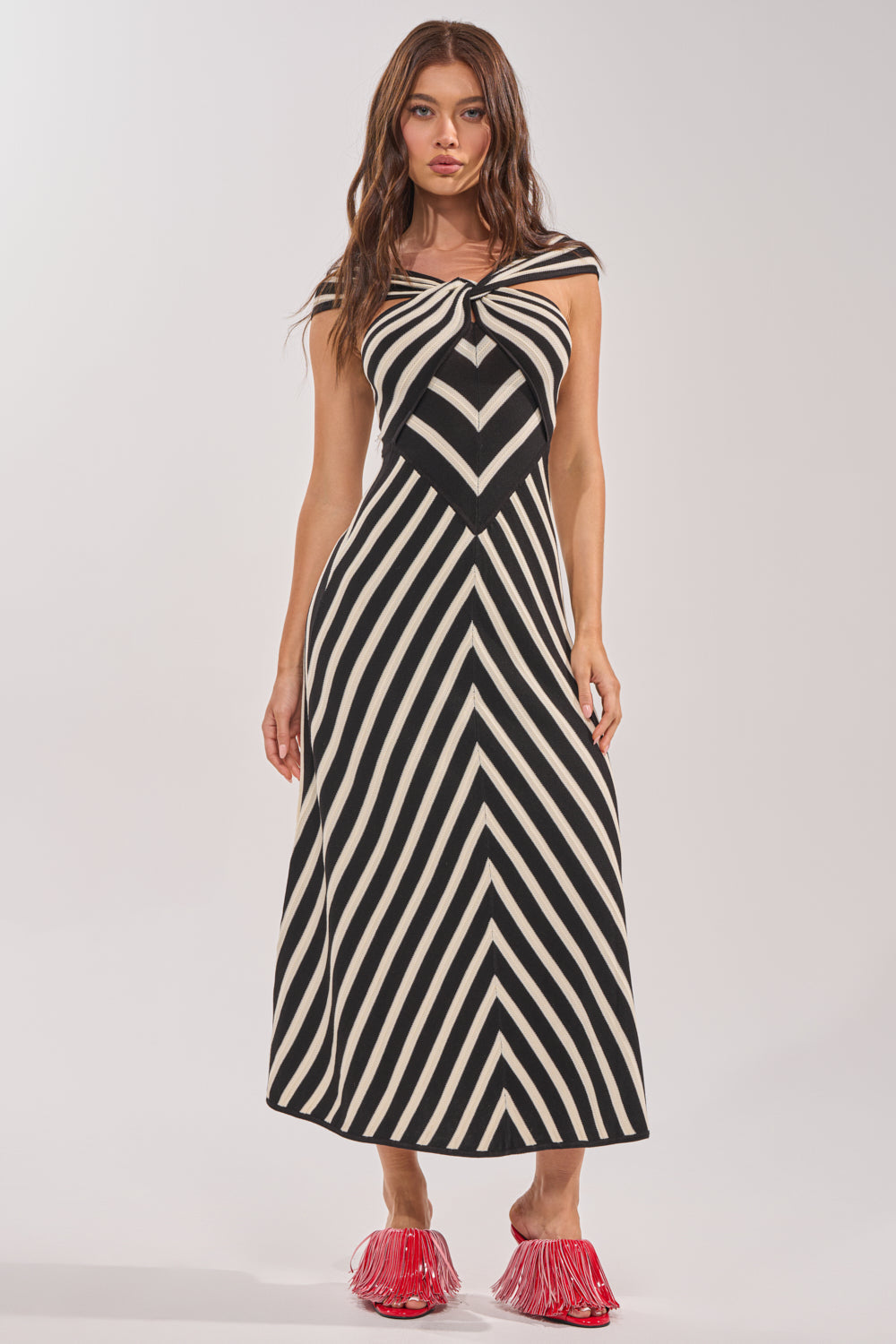 BLOCKED AND BLESS MAXI SWEATER DRESS IN BLACK AND WHITE STRIPE