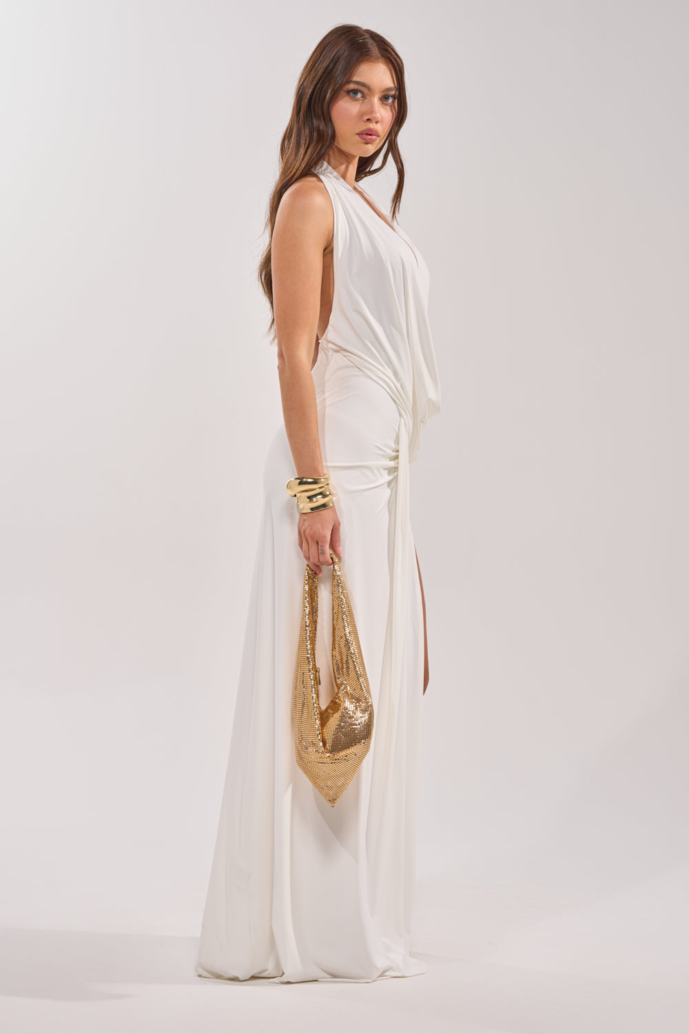 HEAD TURNING HALTER MAXI DRESS IN WHITE