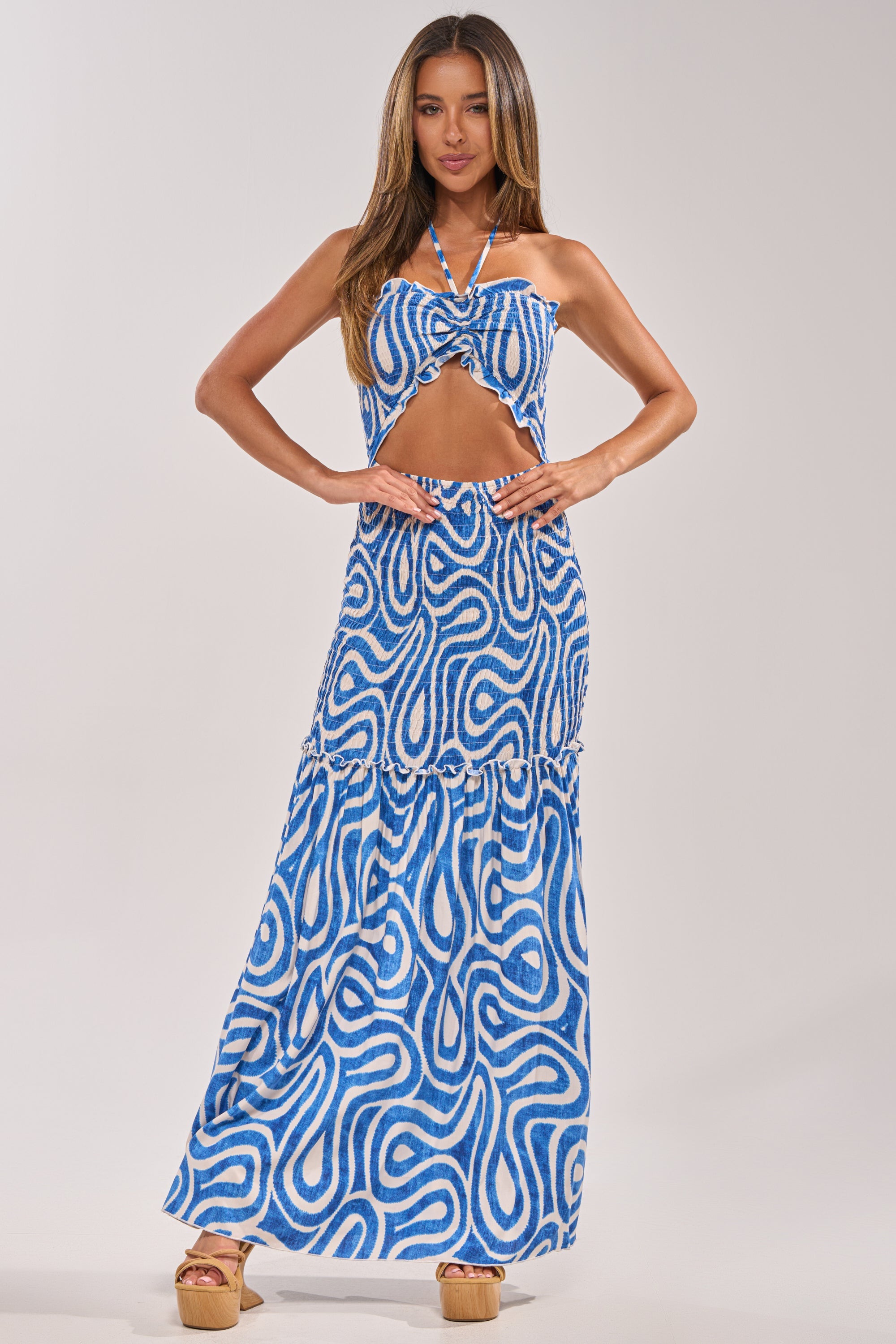 SUGAR AND SPICE PRINTED MAXI DRESS IN BLUE MULTI