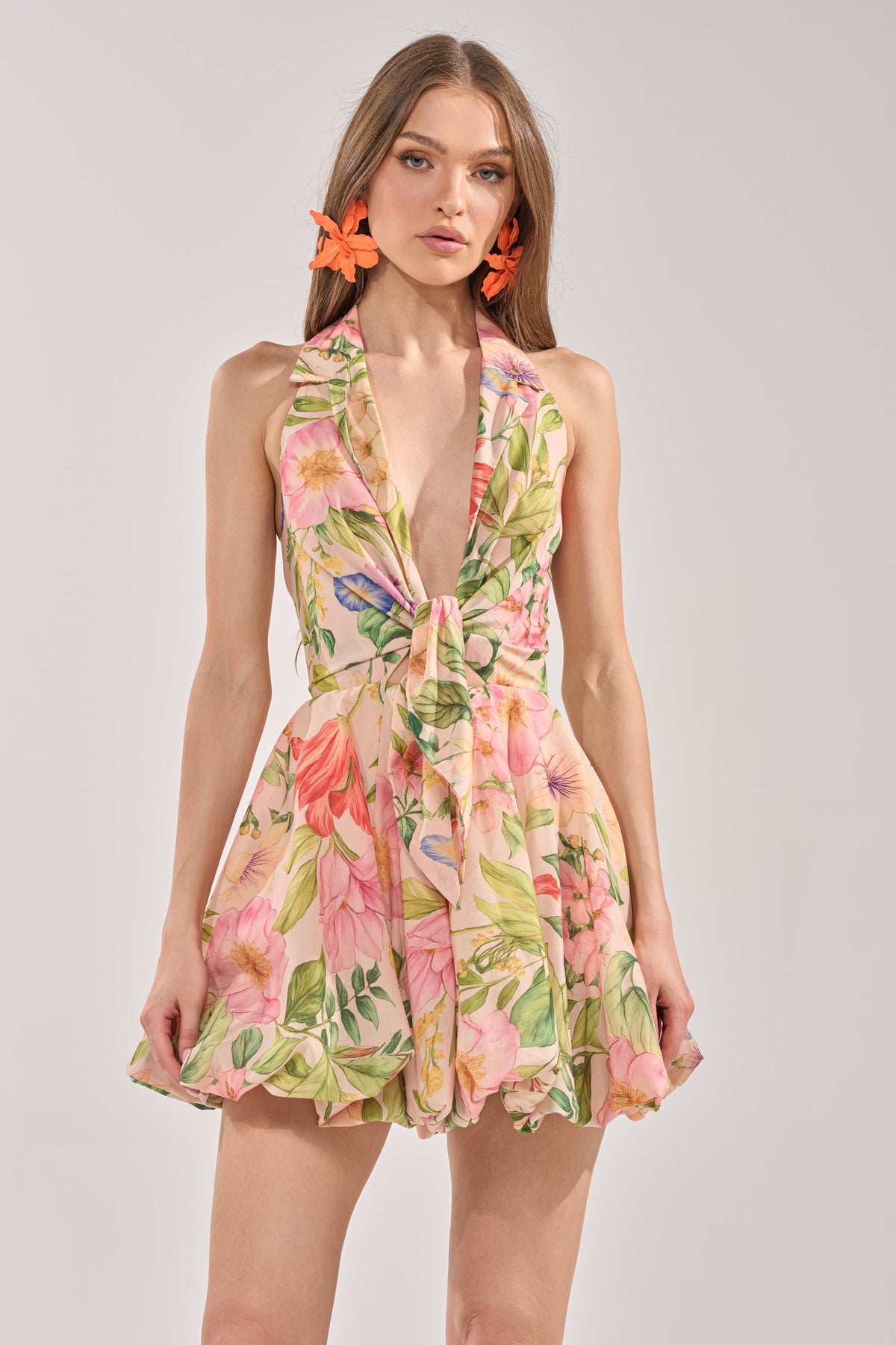 SOFT LAUNCH FLORAL MINI DRESS IN BEIGE