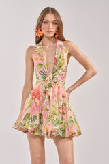 SOFT LAUNCH FLORAL MINI DRESS IN BEIGE