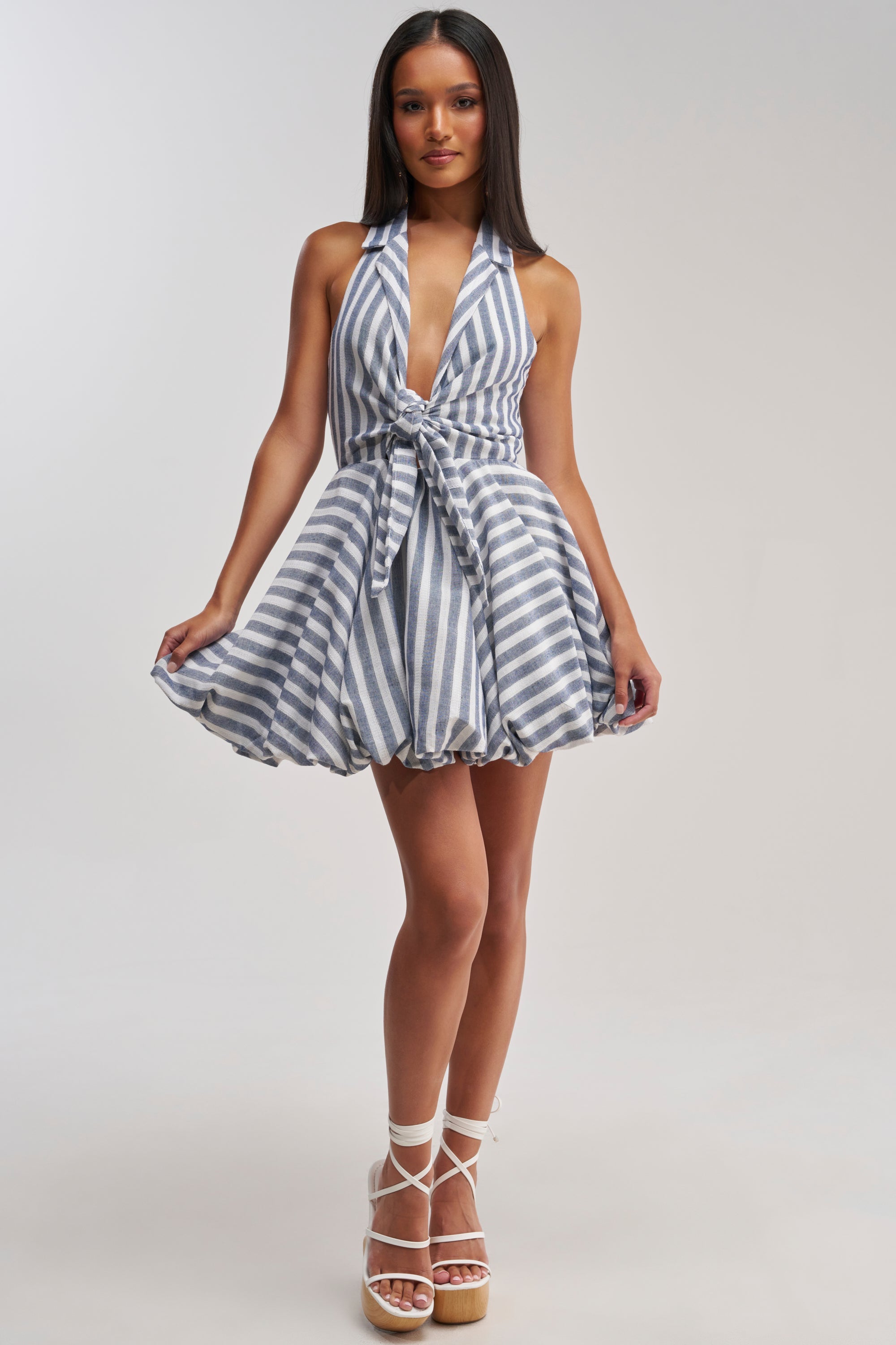 BRUNCH PLANS STRIPED MINI DRESS IN BLUE
