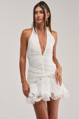 GOLDEN GLAM RUFFLE MINI DRESS IN WHITE
