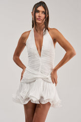 GOLDEN GLAM RUFFLE MINI DRESS IN WHITE