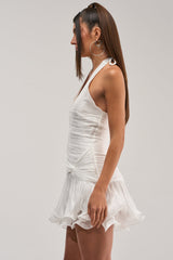 GOLDEN GLAM RUFFLE MINI DRESS IN WHITE