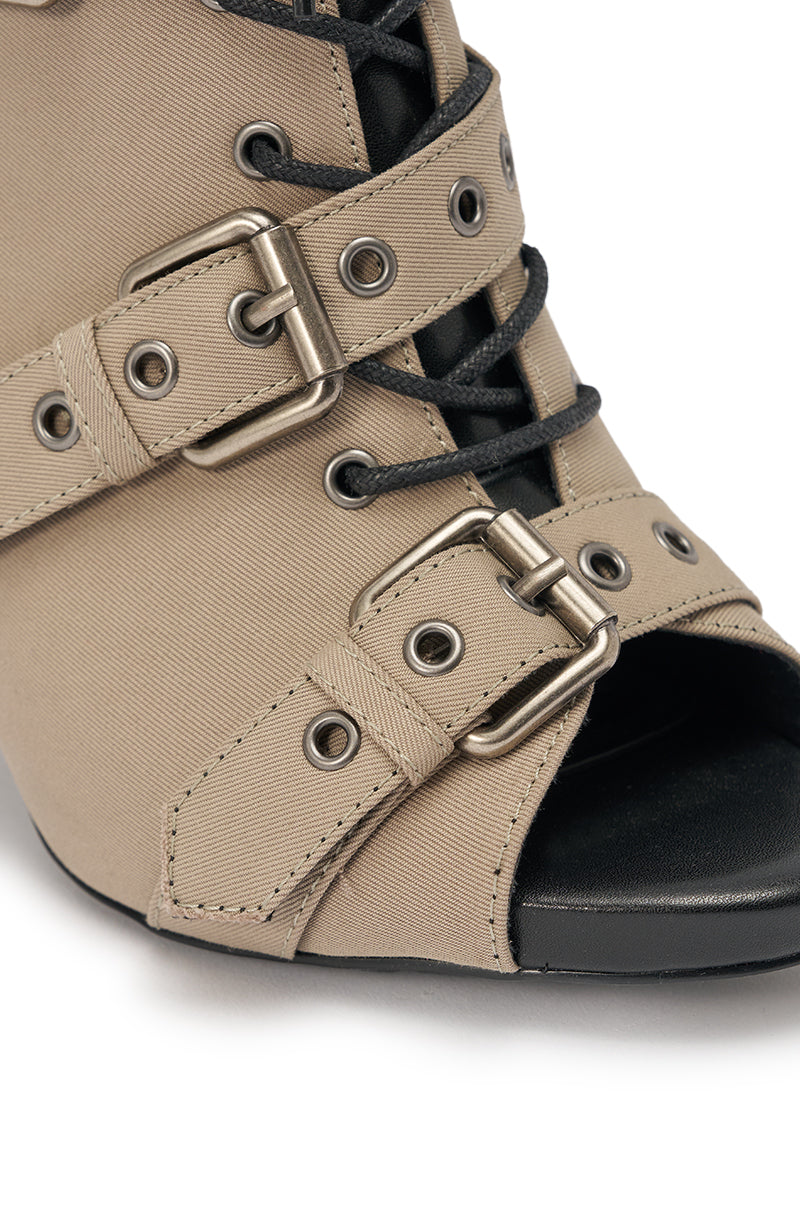 AZALEA WANG LOOM TAUPE OPEN TOE BOOTIE