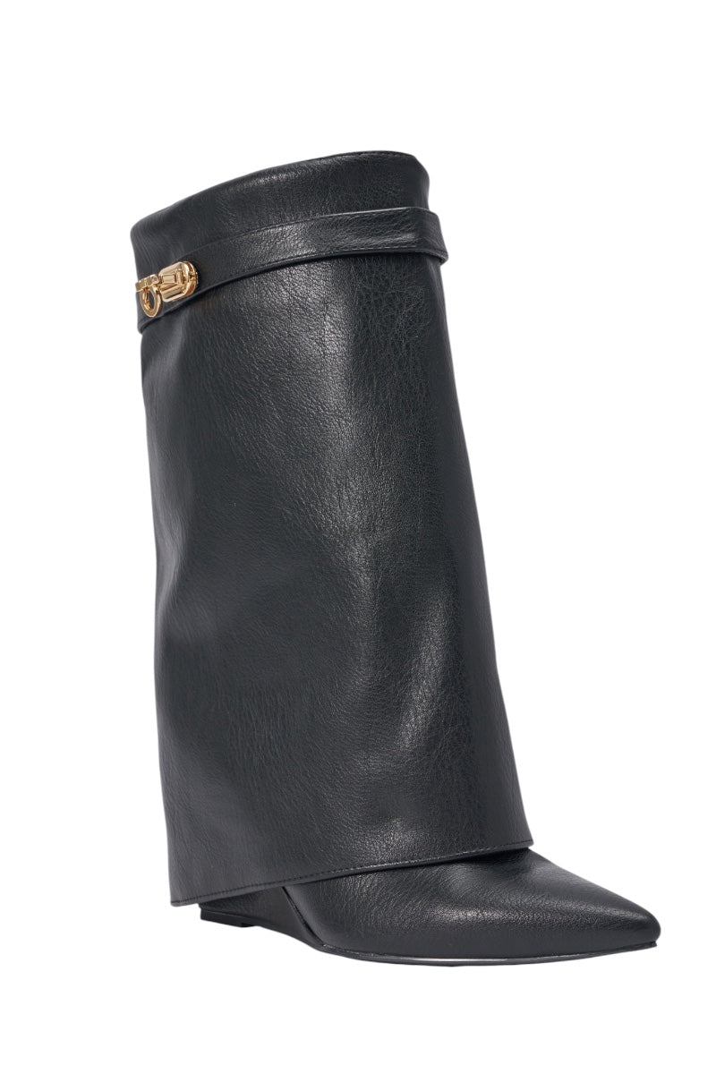 AZALEA WANG LOUISA BLACK PU WEDGE BOOTIE