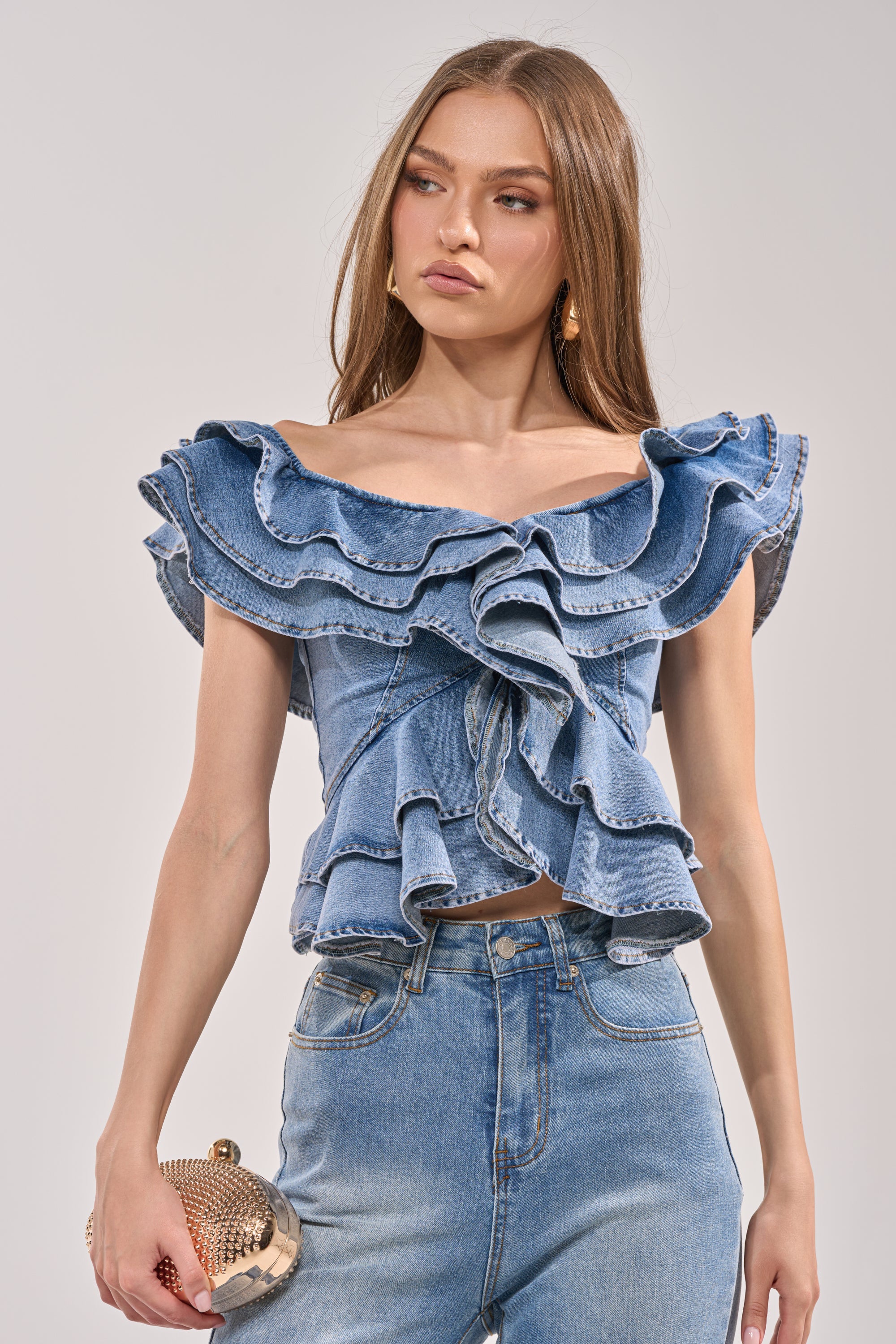 DREAMING BIG DENIM RUFFLE TOP