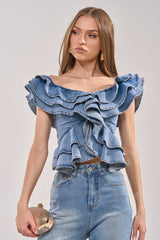 DREAMING BIG DENIM RUFFLE TOP