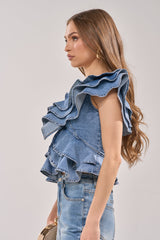 DREAMING BIG DENIM RUFFLE TOP