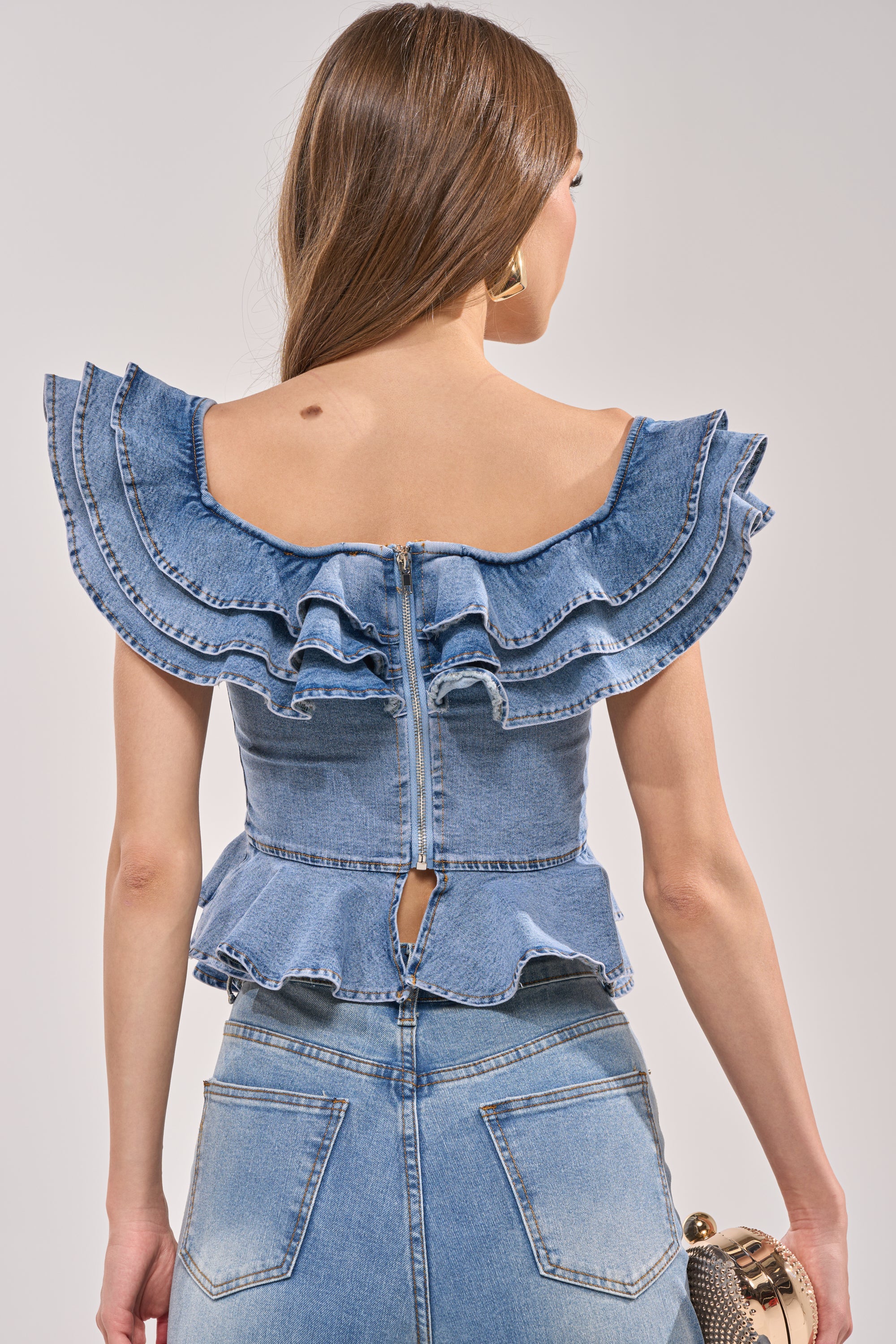 DREAMING BIG DENIM RUFFLE TOP