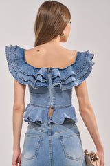 DREAMING BIG DENIM RUFFLE TOP