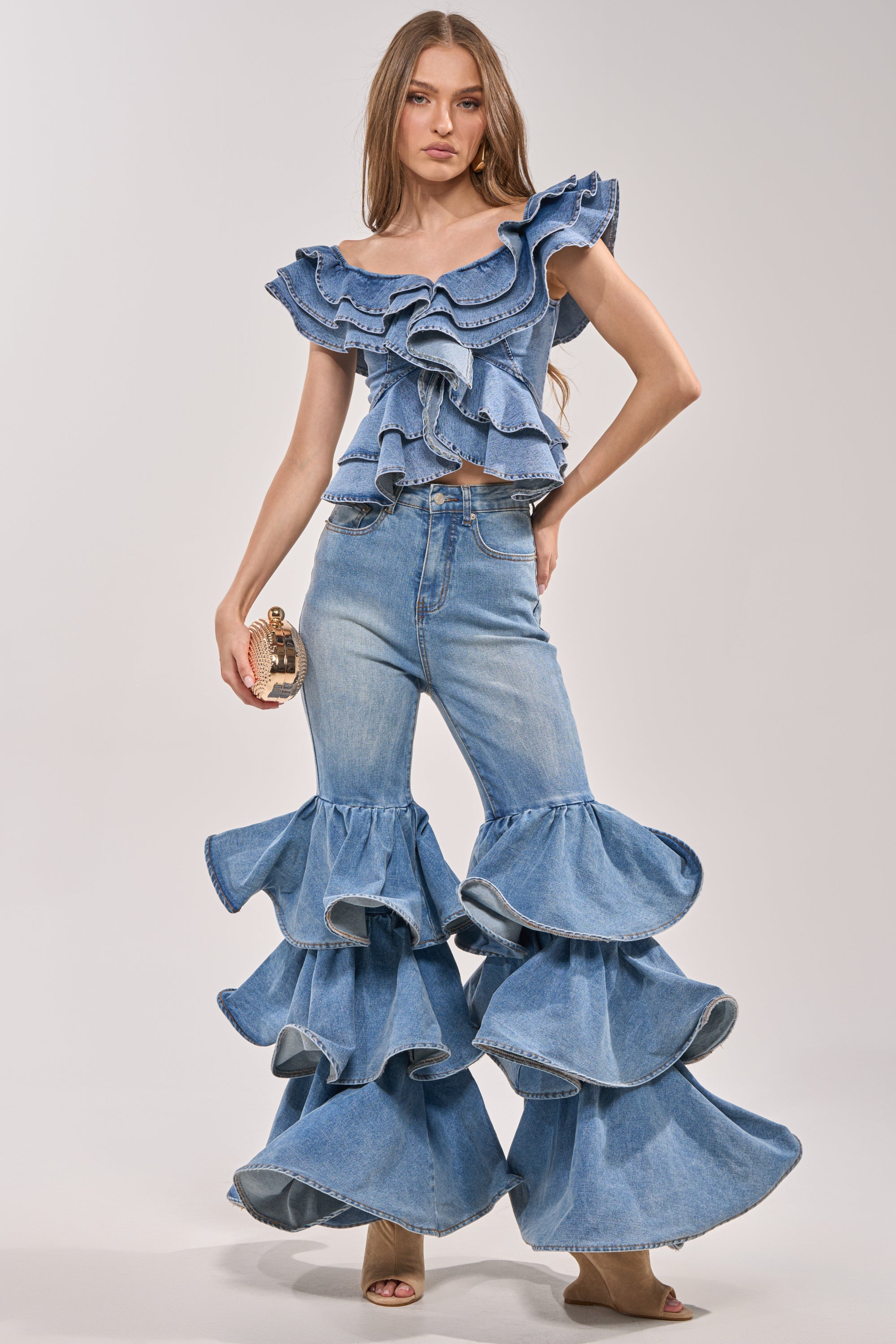 DREAMING BIG DENIM RUFFLE TOP