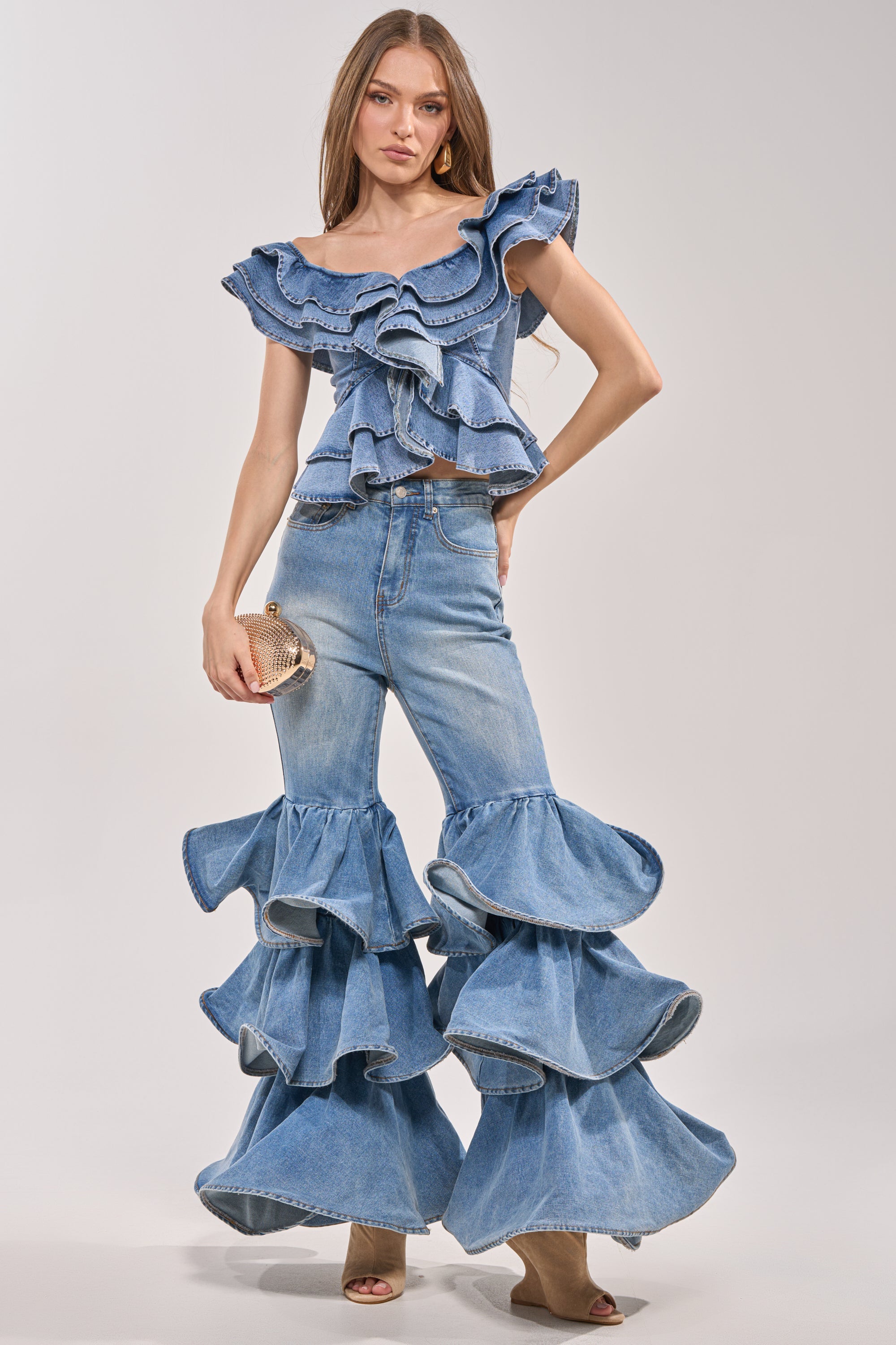 DREAMING BIG DENIM RUFFLE TOP