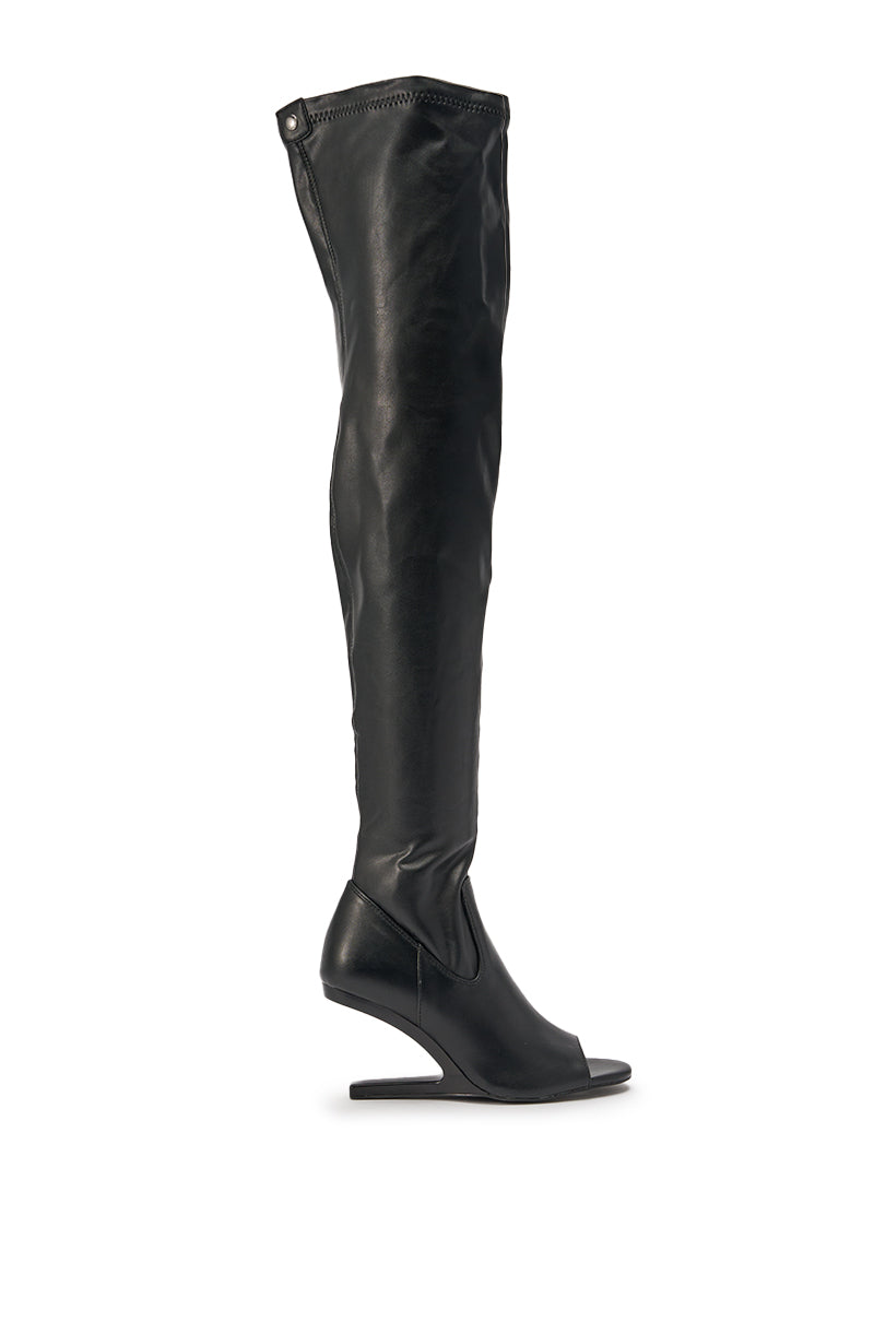 AZALEA WANG LUMI BLACK OVER THE KNEE OPEN TOE WEDGE BOOT