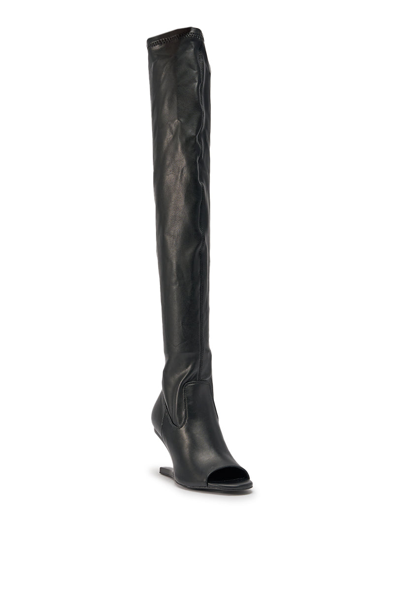 AZALEA WANG LUMI BLACK OVER THE KNEE OPEN TOE WEDGE BOOT