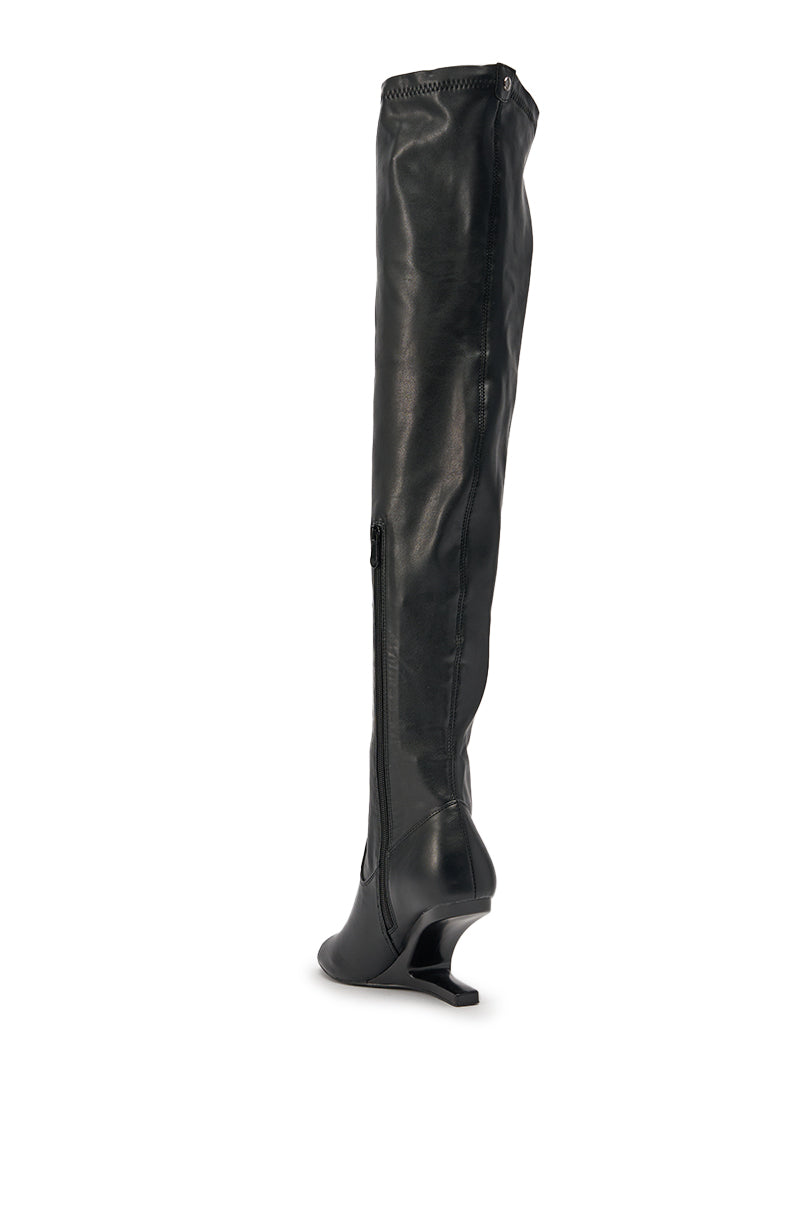 AZALEA WANG LUMI BLACK OVER THE KNEE OPEN TOE WEDGE BOOT