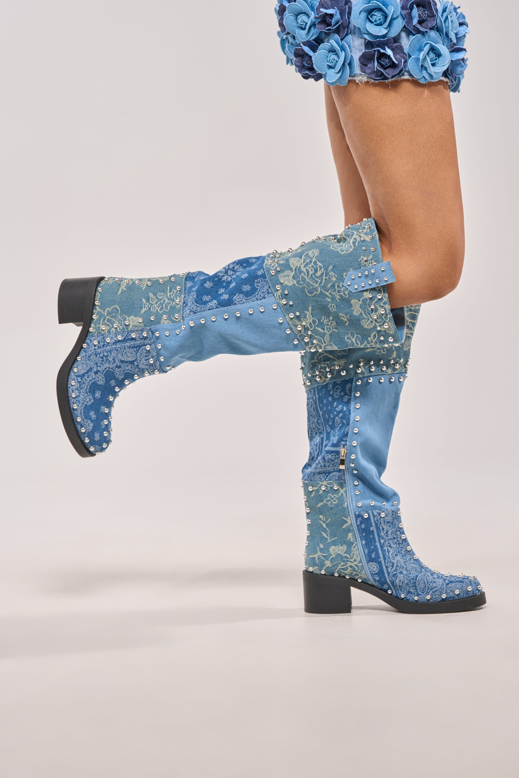 AZALEA WANG LUVIENNE DENIM PATCHWORK STUDDED BLOCK BOOT