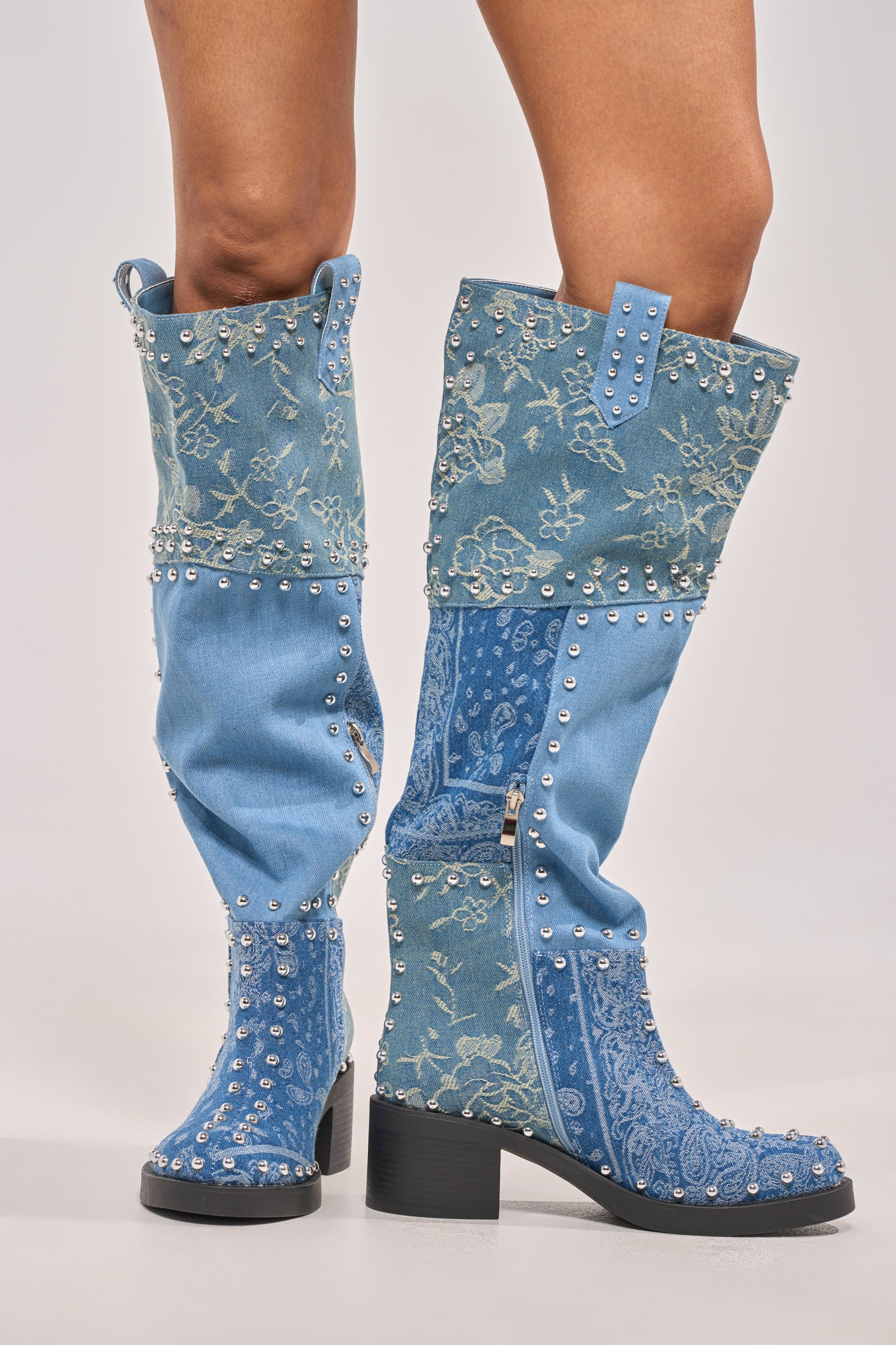 AZALEA WANG LUVIENNE DENIM PATCHWORK STUDDED BLOCK BOOT