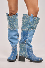 AZALEA WANG LUVIENNE DENIM PATCHWORK STUDDED BLOCK BOOT
