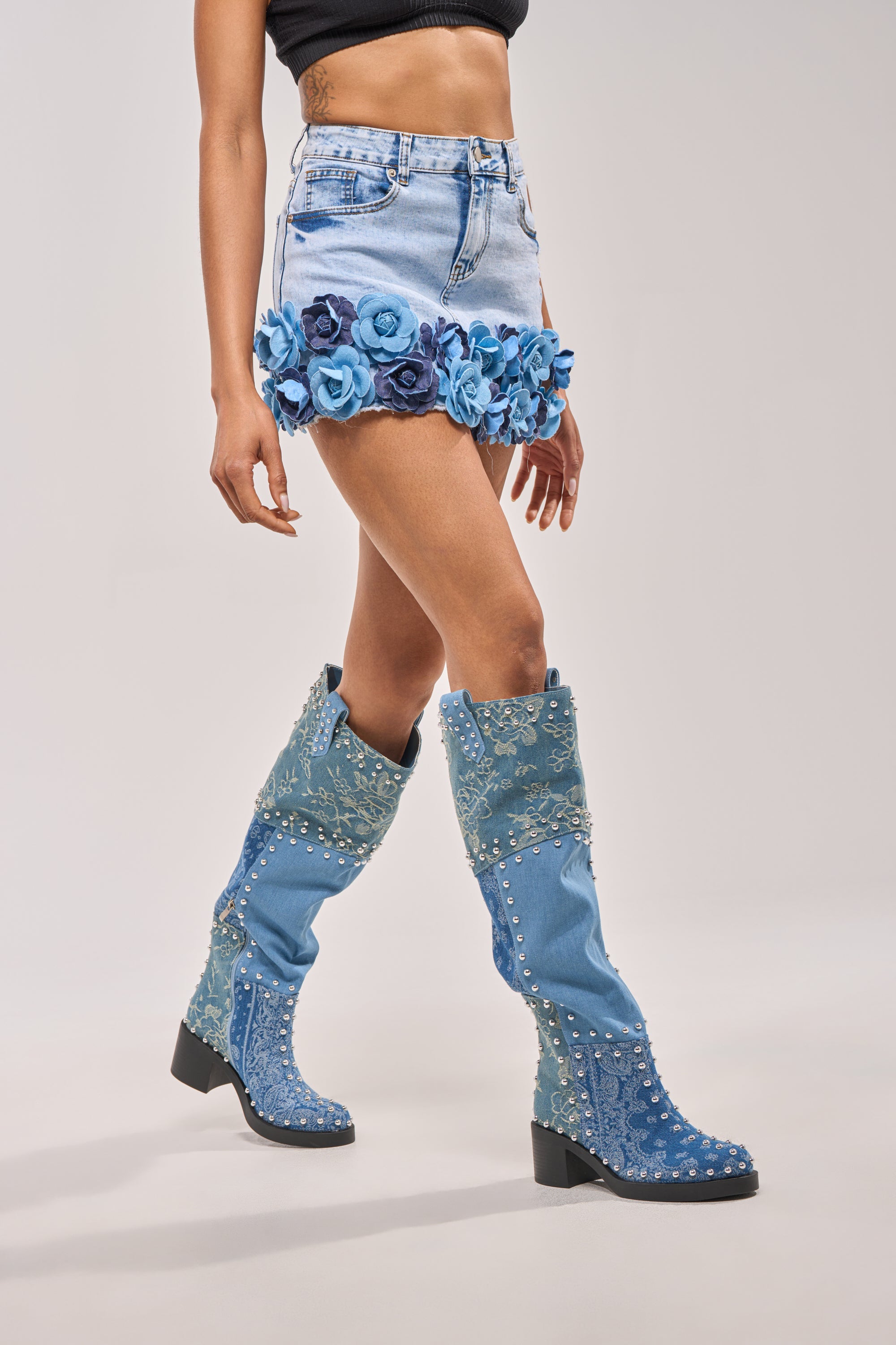 AZALEA WANG LUVIENNE DENIM PATCHWORK STUDDED BLOCK BOOT