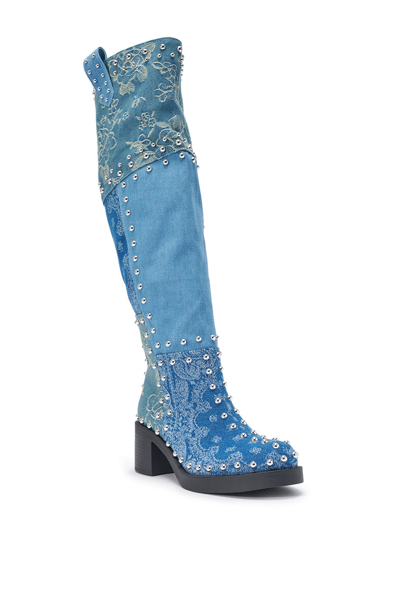 AZALEA WANG LUVIENNE DENIM PATCHWORK STUDDED BLOCK BOOT
