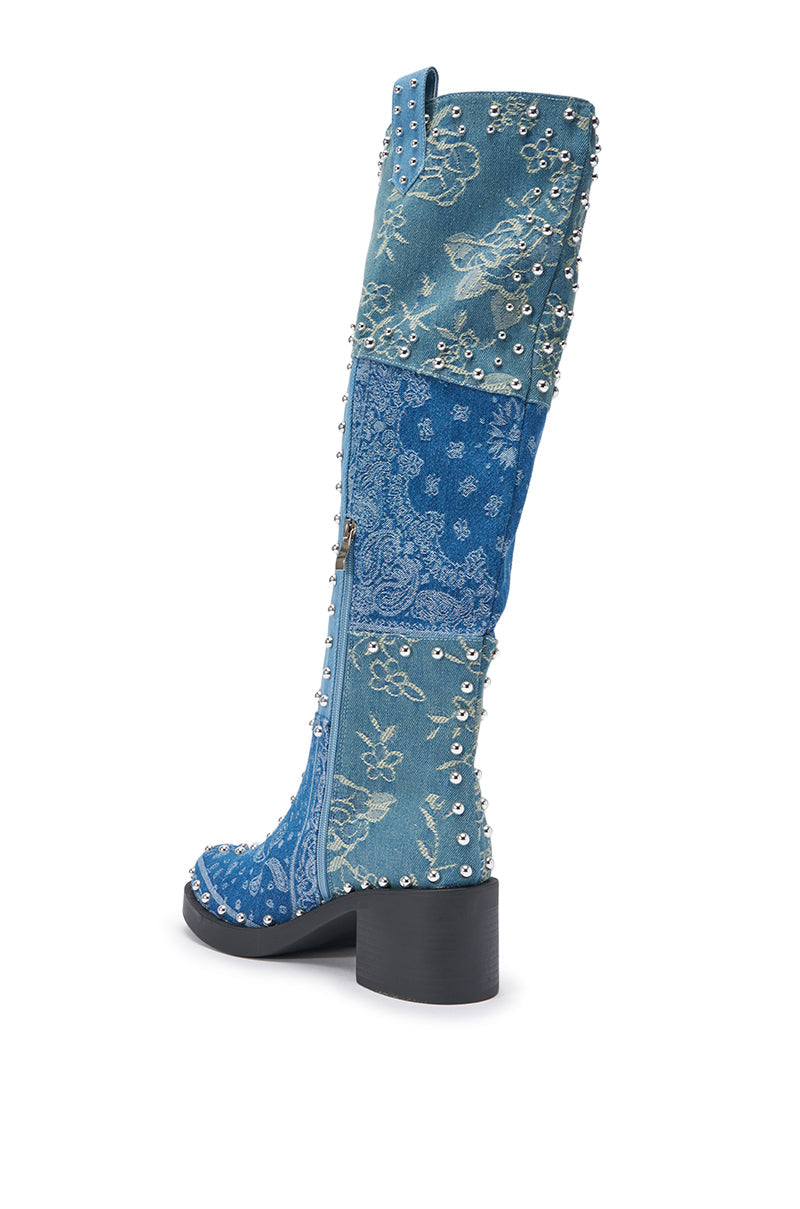 AZALEA WANG LUVIENNE DENIM PATCHWORK STUDDED BLOCK BOOT