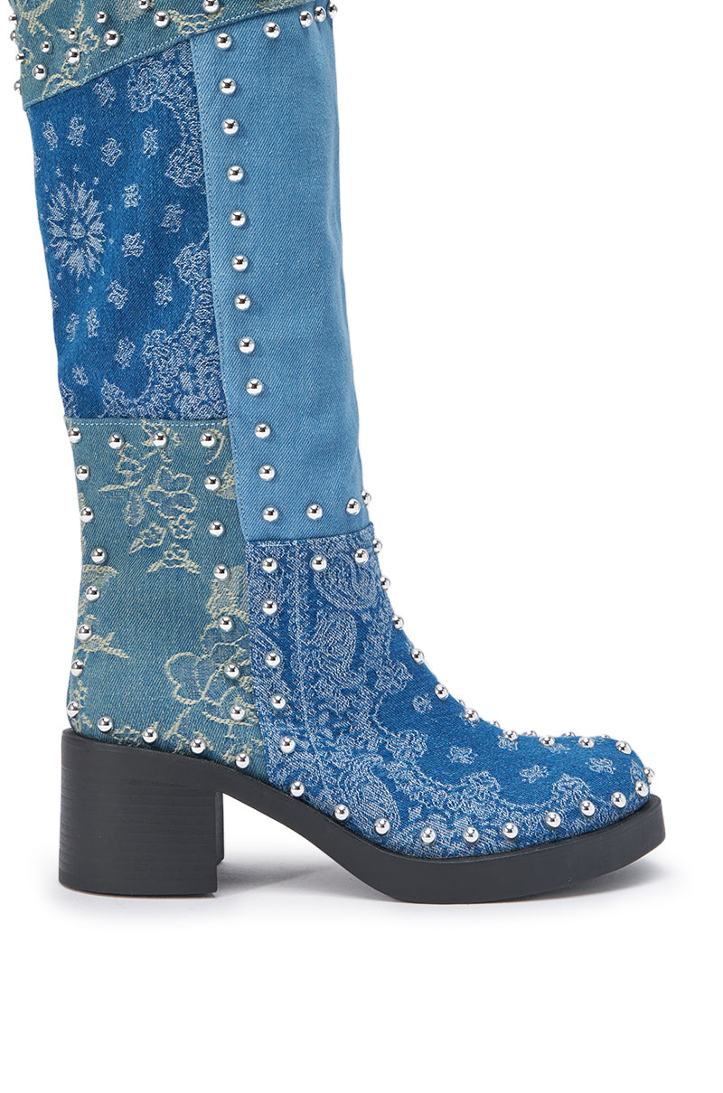 AZALEA WANG LUVIENNE DENIM PATCHWORK STUDDED BLOCK BOOT